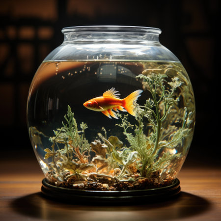 Best Photo of Fish in Glass Bowl with Golden Fish, Plants, and Water Generative AIの素材