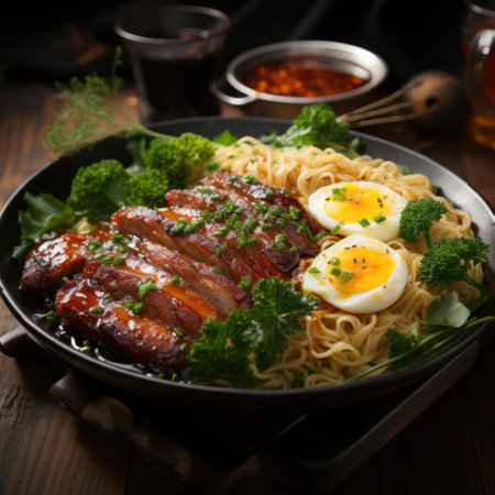 Realistic Photo of Winter Recipe Fried Duck Meat Egg Noodles Generative AIの素材