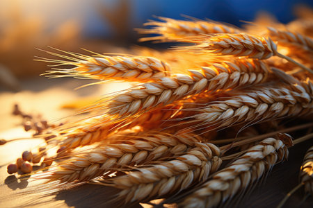 Embracing the Harvest Detailed Closeup of Golden Wheat Spikes Generative AIの素材