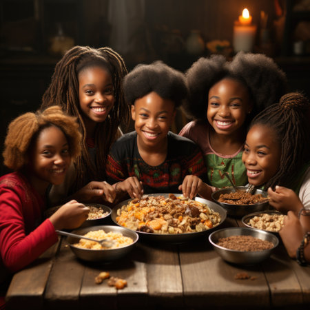Friendship Banquet Smiling African Women Sharing a Meal Generative AIの素材