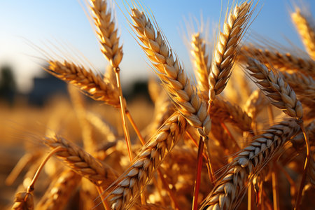 Fields in Full Bloom Closeup of Ripe Wheat Spikes Celebrating Harvest Generative AIの素材