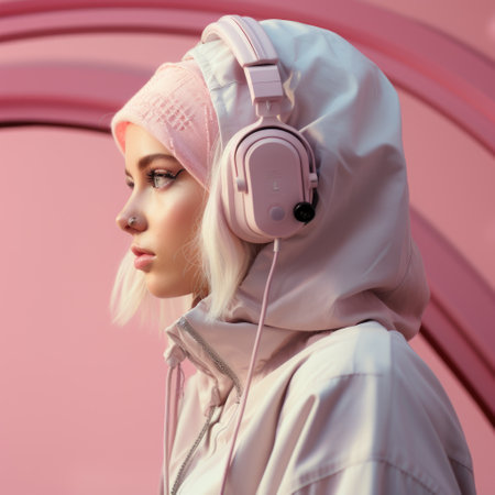 Girl in Pink Suit with Headphones Modern Image on Realistic Pink Background Generative AIの素材