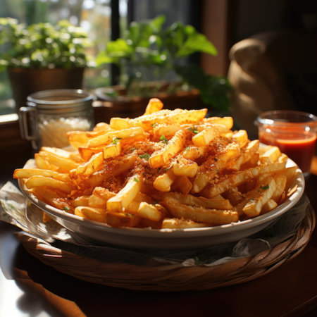 A photo of french fries in plate with ketchup in cup on table Generative AIの素材