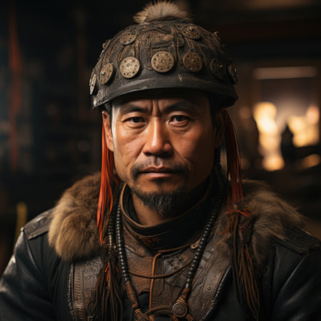 A shot of mongolian man with old style cap or hat and old style clothes Generative AIの素材