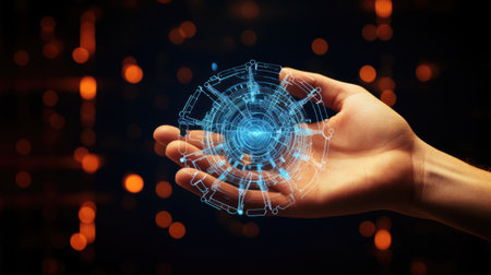 Abstract giving hand with cogwheels. Artificial intelligence and machine learning concept. Modern 3d graphic geometric background generative AIの素材