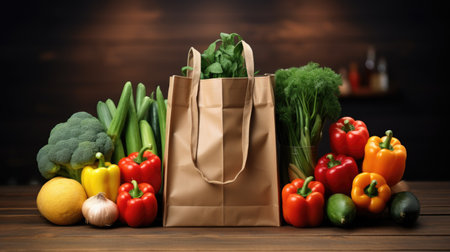Assorted fresh groceries in a paper bag, grocery shopping concept generative AIの素材