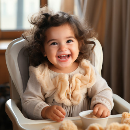 Cute Baby Girl Smiling While Eating Happy Moment Generative AIの素材