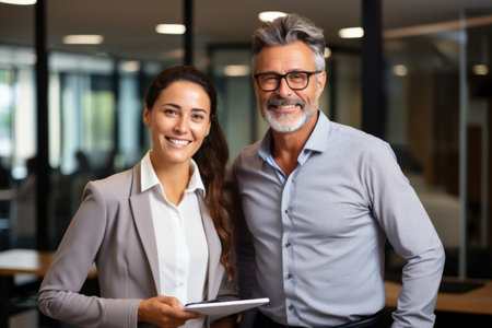 Two happy confident professional couple middle aged Latin business man and business woman standing in office Generative AIの素材