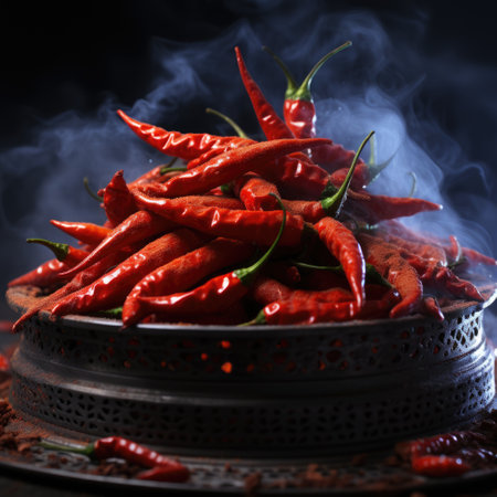 Smoking red chili peppers in bowl on table on dark background Generative AIの素材