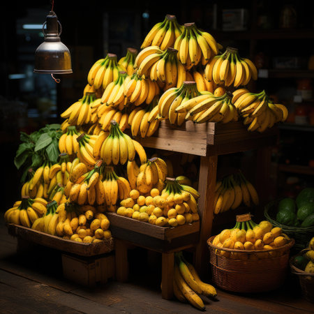 Banana stack with window backdrop in realistic fruit shop photo generative AIの素材