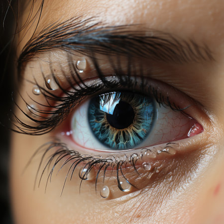 A photo of Young woman putting contact lens in her right Generative AIの素材