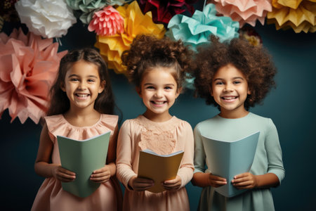 Beautiful children group Smiling little kids holding empty thought bubble placards standing together in studio Generative AIの素材