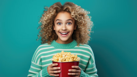 Photo of excited funky lady wear striped pullover eating popcorn curly hair green shirt and background Generative AIの素材