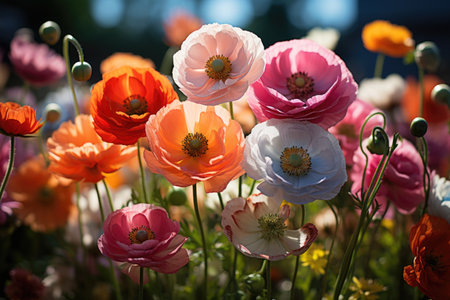 Nature beauty in summer multi colored flowers in garden and back sky, Summer Symphony A Gardens Kaleidoscope of Colors Generative AIの素材