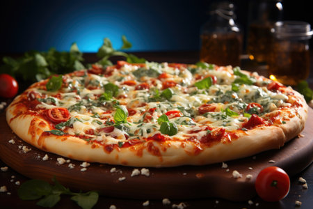 Simple Pizza with chicken and barbeque sauce Italian with tomatoes in tray on table night view Generative AIの素材