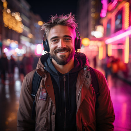 Portrait of Handsome Man Wearing Headphones Walking Through Night City Street Full of Neon Light. Smiling Stylish Man Listening to Music, Enjoying Podcast, Talk Show Generative AIの素材