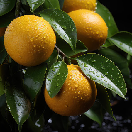 A photo Ripe oranges with leaves freshly picked from the orchard tree Generative AIの素材