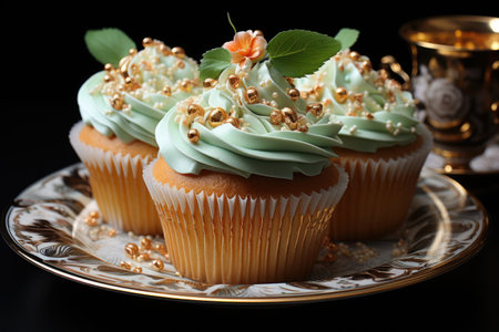 A photo of Plate of delicious cupcakes with blue or red berries, raspberries and mint Generative AIの素材