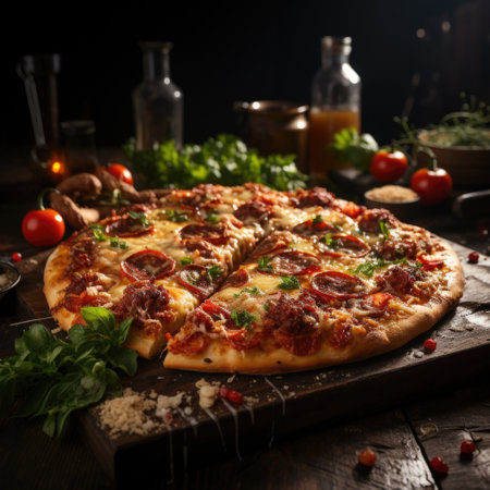 Night view image featuring delicious large pizza on wooden table generative AIの素材