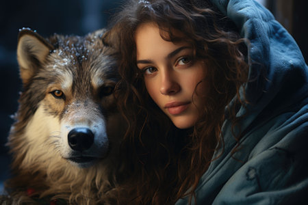Young Girl with wolf in snowy nature looking camera Generative AIの素材