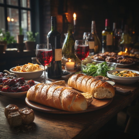 An image of People are having traditional georgian lunch or dinner of khachapuri, aubergine rolls and other foods on wooden table. Generative AIの素材