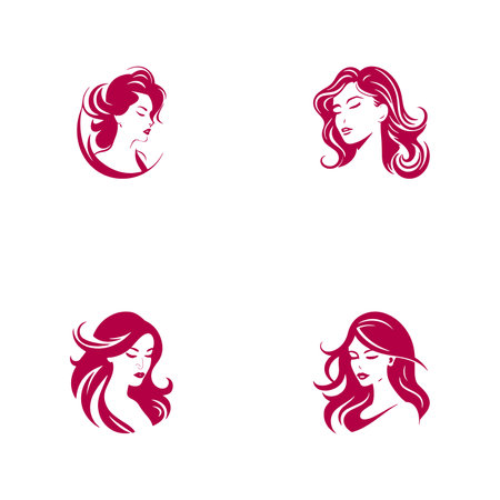 Vector set of different female icons in trendy flat style. pink colored girl heads and faces images collection on white backgroundのイラスト素材