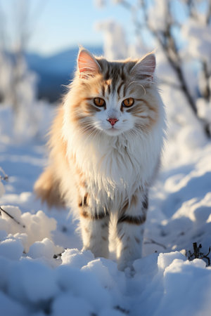 An image of cat standing and walking snow Generative AIの素材