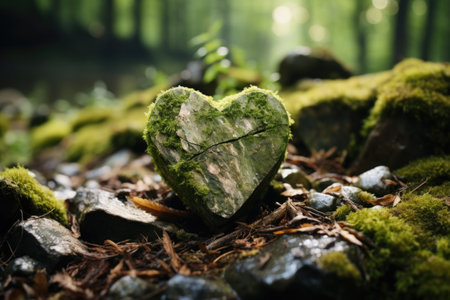 A photo of Stone heart shape near a tree Natural Burial grave in the forest Generative AIの素材