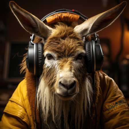 A photo of donkey listening music headphone Generative AIの素材