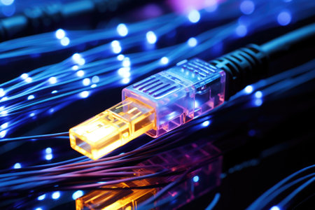 A shot of internet cable fiber optics glowing Generative AIの素材