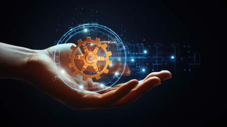 A photo of gears mechanical technology machine engineering holding hand and glowing generative AIの素材