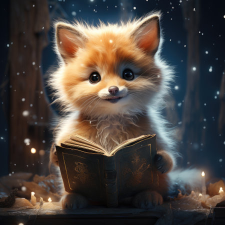 Shining Holy Bible Ancient Book reading cute little fox or cat Generative AIの素材