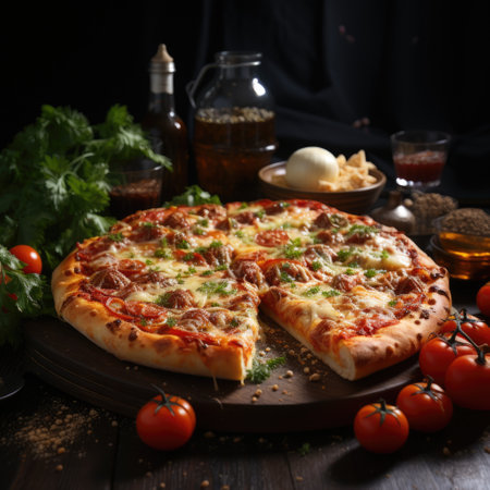 Pizza perfection Realistic image of a large pizza on a wooden table generative AIの素材