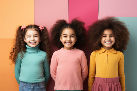 Team of happy school children showing colorful speech balloon paper cards. Smiling little kids holding empty thought bubble placards standing together in studio Generative AIの素材