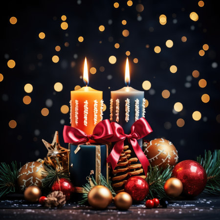 A picture of candles, bokeh, balls and stars celebration, happy Christmas day and black friday concept Generative AIの素材