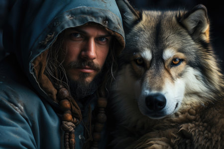 A photo of Young Man with wolf in snowy nature looking camera Generative AIの素材