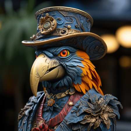 A photo of Statue of a parrot in a blue hat and suit of man Generative AIの素材