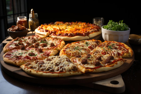 A photo of Pizzas with chicken and barbeque sauce Italian with tomatoes in tray on table night view Generative AIの素材