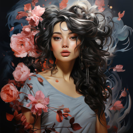 A photo of young beautiful girl with flowers looking camera Generative AIの素材