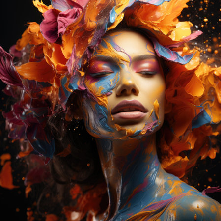 Different color paint dripping drops face of beautiful woman mouth illustration generative AIの素材