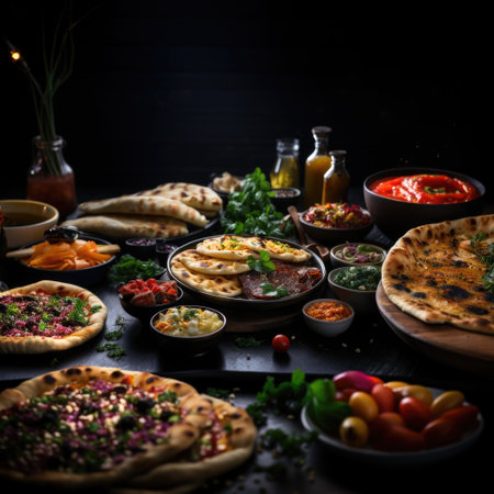 A photo of Traditional Turkish cuisine. Pizza. Many dishes on the table. Generative AIの素材