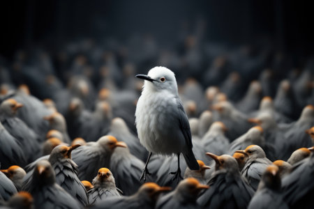 A photo of beautiful white sparrow bird standing others birds Generative AIの素材