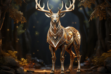 Glowing shiny golden color dreamy deer in forest Generative AIの素材