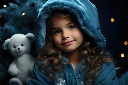 Little girl blue suit with white bear bokeh on background Generative AIの素材