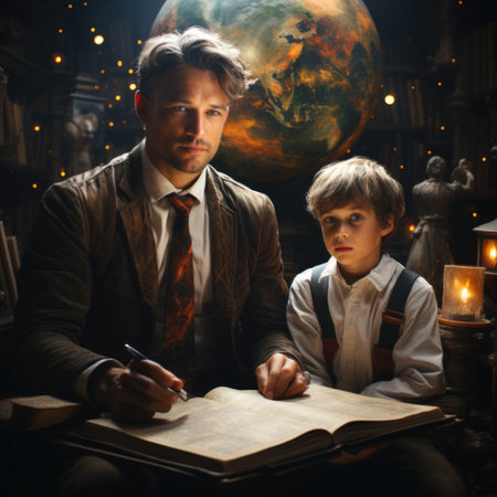 A photo of man with his son sitting and looking camera Generative AIの素材