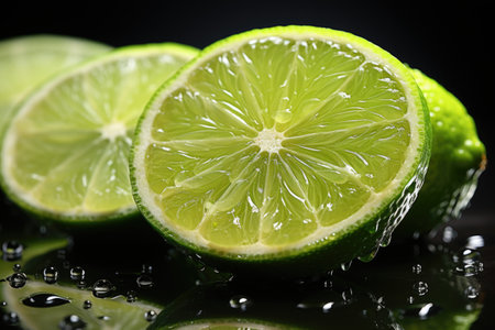 Lemon lime slice with water drops isolated on black background Generative AIの素材