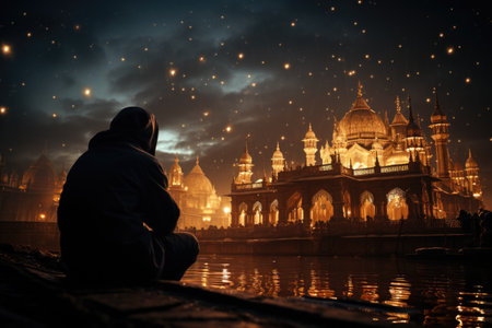 Man looking mosque night view muslim concept Generative AIの素材