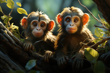 Two monkeys looking at camera Generative AIの素材