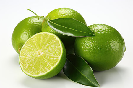 Lemon lime with leaves isolated on white background Generative AIの素材