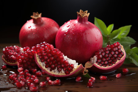 A photo of pomegranate with leaves on wooden table Generative AIの素材
